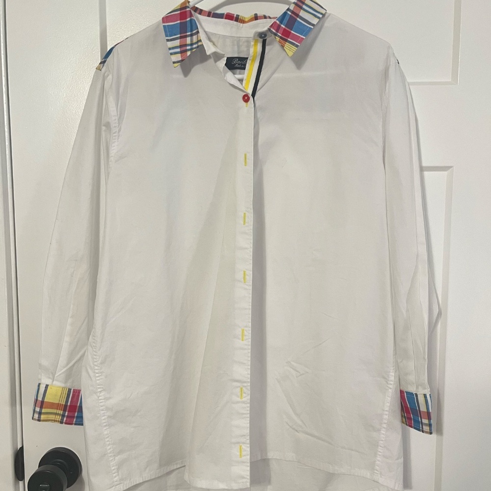 Bariloche Womens White Cotton Button Down 3/4 Sleeve Shirt Plaid Spain ES48 NWOT
